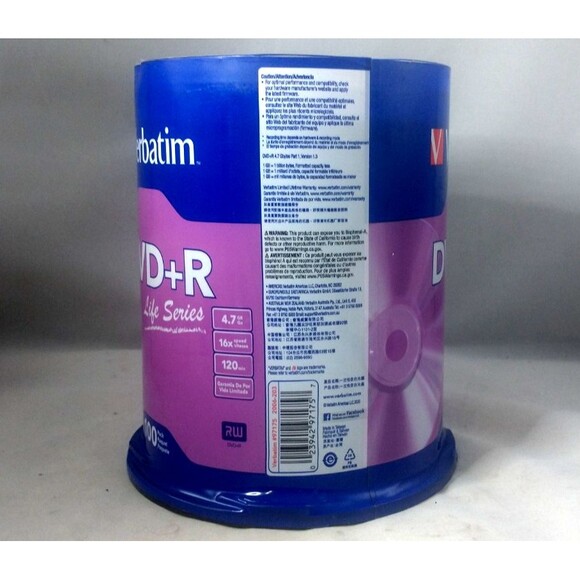 “NEW” Sealed Verbatim DVD+R 100 Pack 4.7GB 16X Speed 120 mins. (Verbatim #96575) - Picture 2 of 8